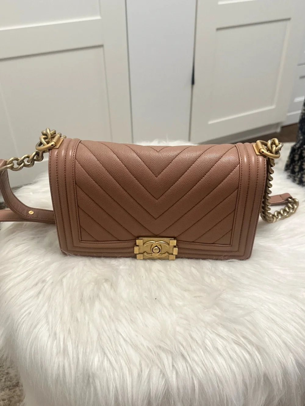 CHANEL Boy Bag Chevron Quilted Leather Shoulder Bag Beige